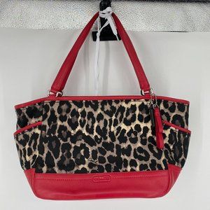 Coach Tote Shoulder Satchel Leapord Red Trim Ocelot Carrie Park Bag